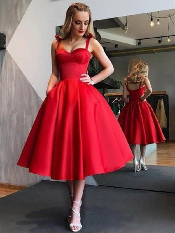 Red Ball Gown Tea-Length Pleated Kamora Homecoming Dresses Sweetheart Sleeveless