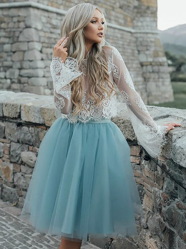 Two Piece See Through Lace Homecoming Dresses Frederica Scoop Neck Long Sleeve Tulle Ball Gown Knee-Length