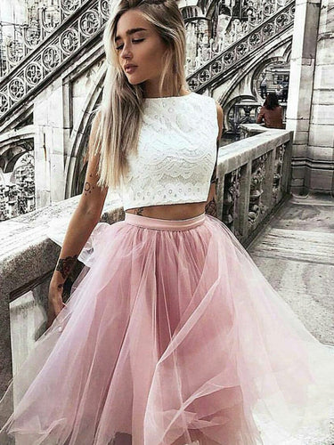 Halter Jewel Two Pieces Pink Joanna Lace A Line Homecoming Dresses Tulle Pleated Sleeveless