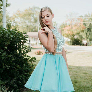 Halter Sleeveless Chiffon Nellie Two Pieces A Line Homecoming Dresses Rhinestone Pleated Blue