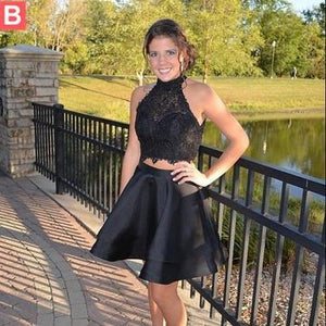 Halter Sleeveless Tiered Two Pieces Lace Homecoming Dresses Satin Holly Pleated Elegant