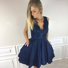 Load image into Gallery viewer, Deep V Neck Sleeveless Appliques Homecoming Dresses Satin Mattie Dark Navy Tiered Pleated Short