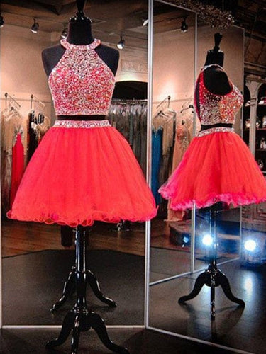 Sleeveless Pleated Organza Red A Line Gracie Two Pieces Homecoming Dresses Halter Rhinestone Backless