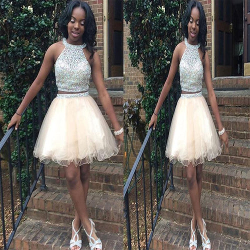Halter Organza Sleeveless Jackie A Line Ivory Homecoming Dresses Two Pieces Rhinestone Beading