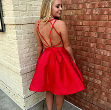 Load image into Gallery viewer, V Homecoming Dresses Hannah A Line Satin Neck Backless Pleated Red Criss Cross Straps Sexy
