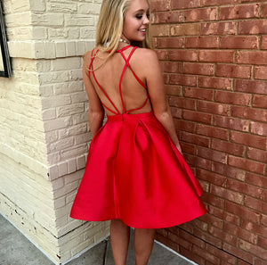 V Homecoming Dresses Hannah A Line Satin Neck Backless Pleated Red Criss Cross Straps Sexy