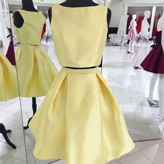 Bateau Sleeveless Two Pieces Homecoming Dresses Satin Raegan A Line Pleated Simple Light Yellow