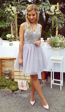 Load image into Gallery viewer, Sleeveless Tulle Appliques V Neck Grey Homecoming Dresses Nataly A Line Pleated Short