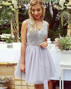 Sleeveless Tulle Appliques V Neck Grey Homecoming Dresses Nataly A Line Pleated Short