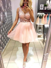 Load image into Gallery viewer, Sleeveless Peach Deep V Neck Appliques Flowers Tulle Lace Homecoming Dresses Gracie A Line Pleated