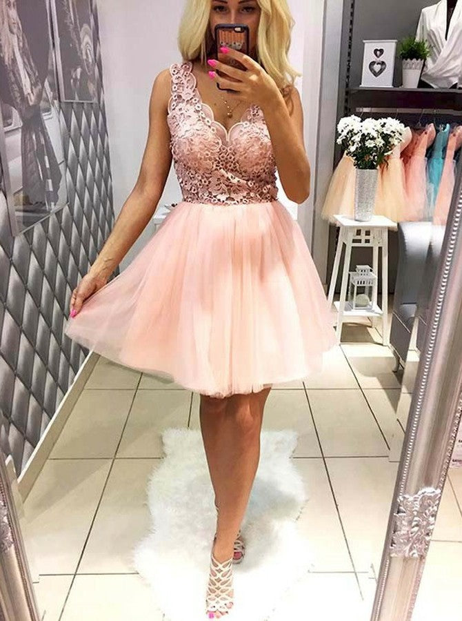 Sleeveless Peach Deep V Neck Appliques Flowers Tulle Lace Homecoming Dresses Gracie A Line Pleated