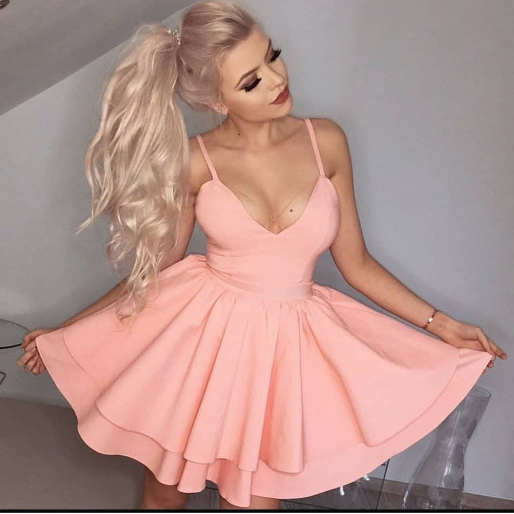 Spaghetti Straps Deep V Neck Satin Brooklyn Pink Homecoming Dresses Ball Gown Tiered Pleated Sexy