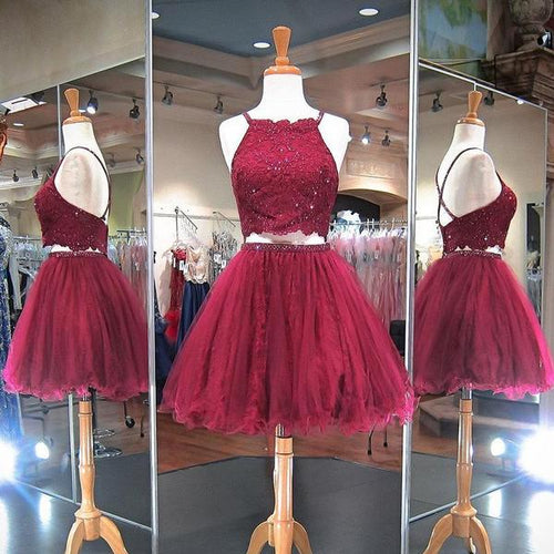 Burgundy Beading Halter Homecoming Dresses Francesca A Line Two Pieces Criss Cross Backless Organza