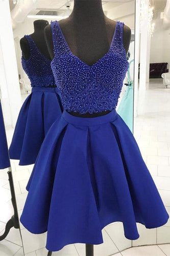 V Neck Sleeveless Beading A Line Satin Homecoming Dresses Royal Blue Angela Two Pieces Backless