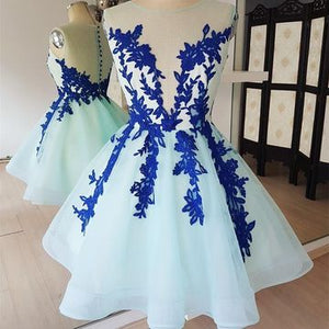 Blue Scoop Hillary Lace A Line Homecoming Dresses Sleeveless Sheer Back Appliques Tulle
