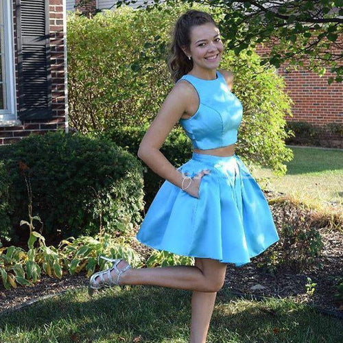Jewel Sleeveless Blue Satin Millie Homecoming Dresses Two Pieces A Line Pockets Pleated Short
