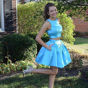 Jewel Sleeveless Blue Satin Millie Homecoming Dresses Two Pieces A Line Pockets Pleated Short