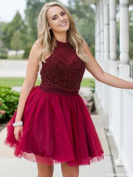 Halter Homecoming Dresses Lucy A Line Sleeveless Fuchsia Pleated Tulle Short Cute