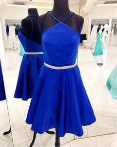 Halter Straps Backless Sexy Norah Satin Homecoming Dresses Royal Blue A Line Pleated Sparkle