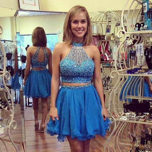 Backless A Line Homecoming Dresses Two Pieces Chasity Halter Sleeveless Beading Organza Blue