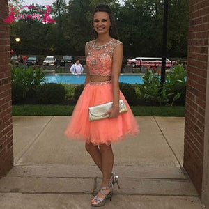 Scoop Organza Two Pieces Homecoming Dresses A Line Karley Coral Cap Sleeve Rhinestone