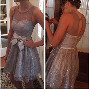 Scoop Sleeveless Backless Sheer Bow Knot Tulle Adalyn Homecoming Dresses A Line Pleated