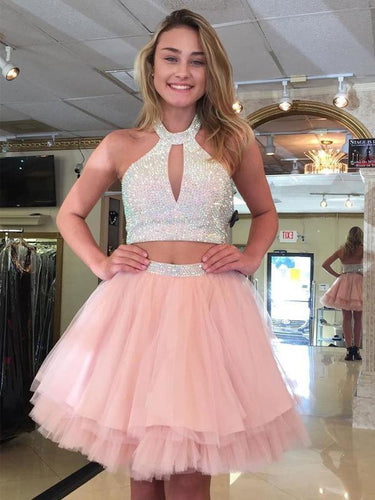 Halter Sleeveless Cut Out Pleated Taniya Two Pieces Pink A Line Homecoming Dresses Tulle Beading