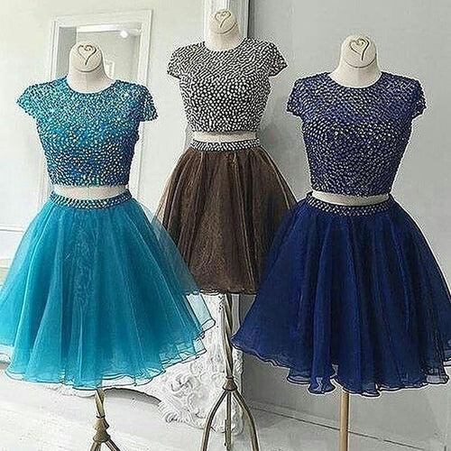 Cap Sleeve Organza Pleated Rhinestone Round A Line Homecoming Dresses Two Pieces Saniya Neck