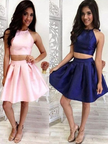Halter Homecoming Dresses Kennedi Satin A Line Two Pieces Sleeveless Short Pleated