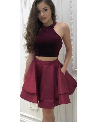 Satin A Line Sandy Homecoming Dresses Two Pieces Halter Sleeveless Burgundy Pleated Tiered Short