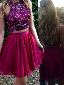 Halter Sleeveless Beading Homecoming Dresses A Line Justine Chiffon Two Pieces Fuchsia Pleated