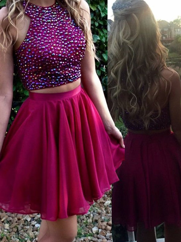 Halter Sleeveless Beading Homecoming Dresses A Line Justine Chiffon Two Pieces Fuchsia Pleated