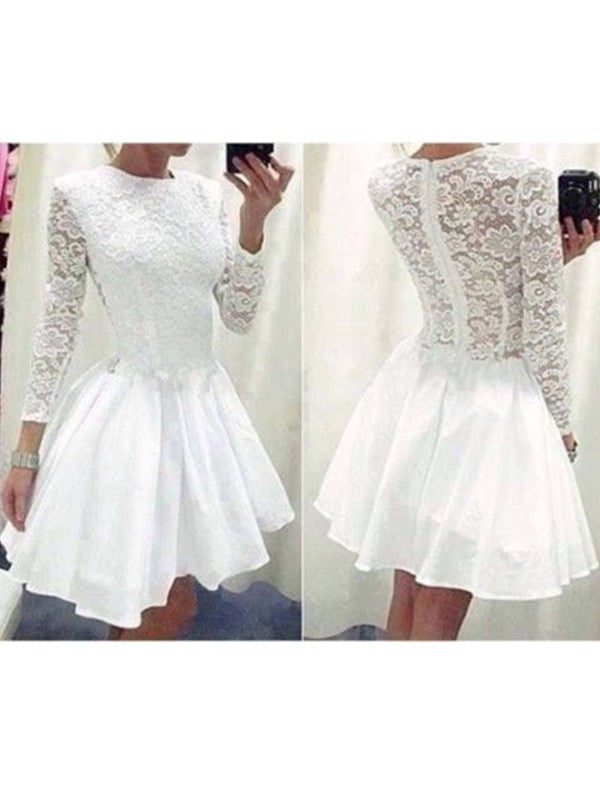 Lace Satin Paige Homecoming Dresses A Line Long Sleeve Jewel White Pleated Appliques