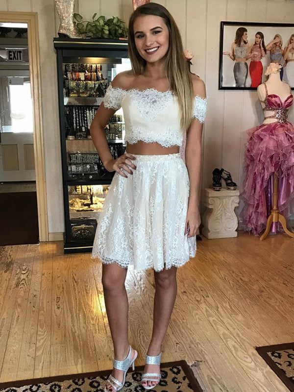 Off The Shoulder White Two Pieces Alana Homecoming Dresses A Line Lace Appliques Pleated
