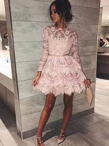 Long Sleeve Jewel Tiered Short Flowers A Line Lace Paisley Pink Homecoming Dresses Sheer