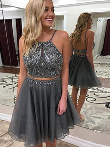 Halter A Line Two Pieces Homecoming Dresses Carla Spaghetti Straps Grey Backless Organza Beading