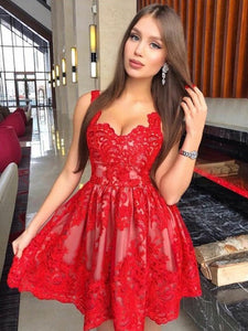 A Line Amelie Lace Homecoming Dresses Sleeveless Red Deep V Neck Pleated Flowers Short