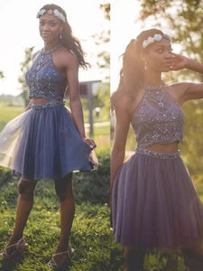Two Pieces A Line Homecoming Dresses Kiara Halter Sleeveless Pleated Tulle Beading Short