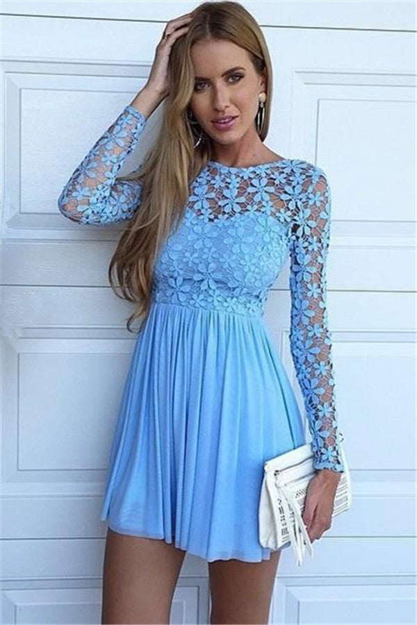 A Line Michaela Homecoming Dresses Chiffon Lace Jewel Long Sleeve Blue Hollow Flowers Pleated
