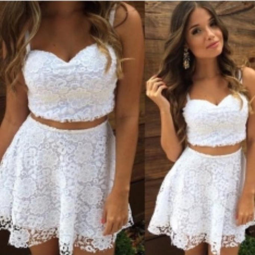 Spaghetti Straps Two Pieces A Line Homecoming Dresses Lace Miracle Sweetheart White Short