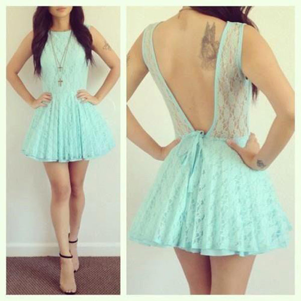 Homecoming Dresses Hedwig A Line Lace Backless Jewel Sleeveless Pleated Blue Hollow Short