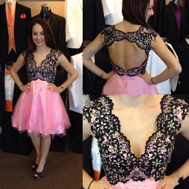 Cap Sleeve Pink Homecoming Dresses Lace Sonia A Line V Neck Backless Appliques Rhinestone Organza