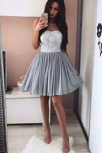 Strapless Sweetheart Appliques Tulle Homecoming Dresses Lesley A Line Pleated Grey Short
