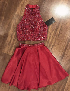 Halter Sleeveless Red Satin A Line Two Pieces Pauline Homecoming Dresses Beading Pleated Short