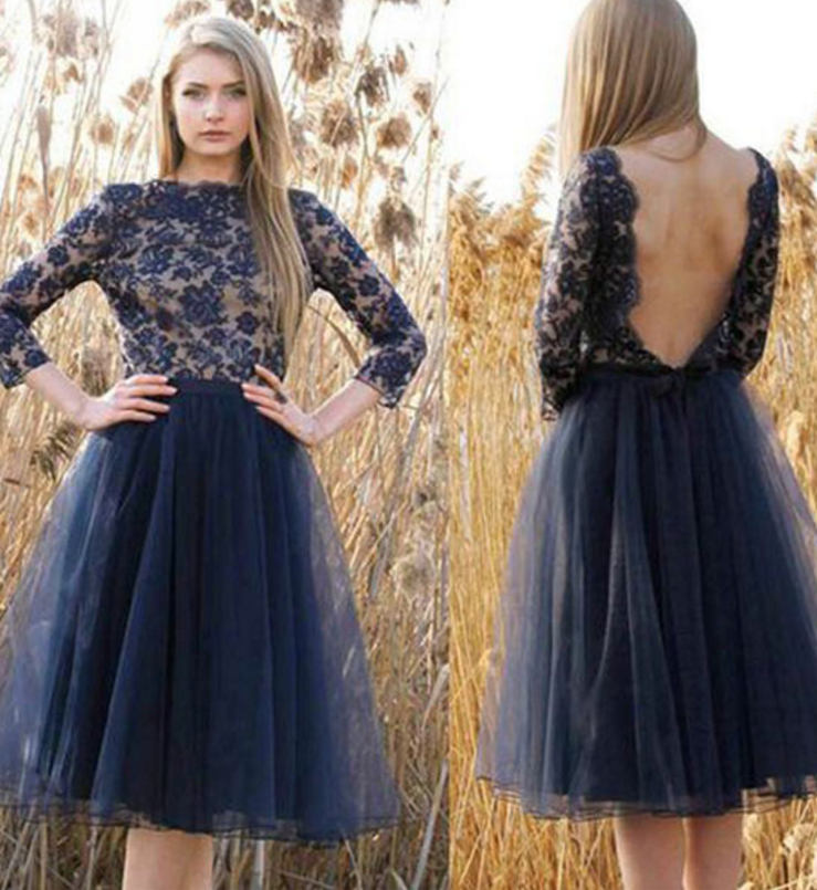 Jewel Long Lace Homecoming Dresses A Line Olympia Sleeve Dark Navy Backless Flowers Tulle Pleated