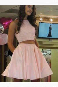 Halter Jewel Pink Two Pieces A Line Satin Homecoming Dresses Charity Sleeveless Pleated