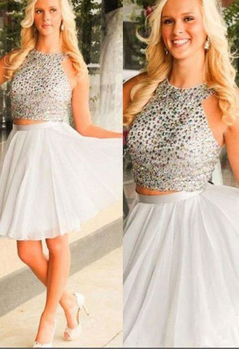 Halter Sleeveless White Two Pieces Homecoming Dresses Chiffon Leilani A Line Beading
