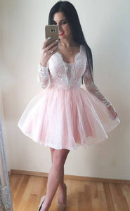 Lace Pink Ashanti Homecoming Dresses Long Sleeve Sheer Tulle Pleated Short Deep V Neck Exquisite