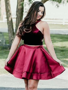 Halter Sleeveless Burgundy Pleated Satin Homecoming Dresses Two Pieces Germaine Short