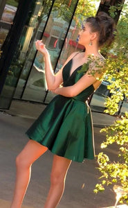 Deep V Neck Spaghetti Straps Short Dark Green Chanel Satin Homecoming Dresses Pleated